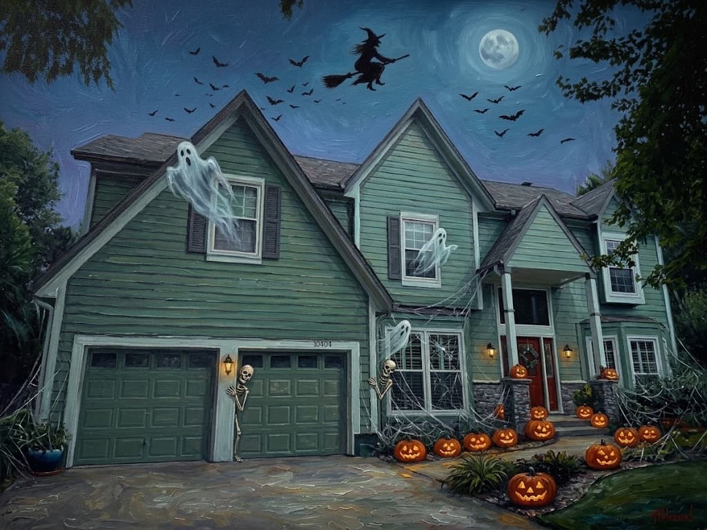 The Hettinger house on Halloween night, painted with a witch over the full moon, friendly ghosts, skeletons, and glowing jack-o-lanterns