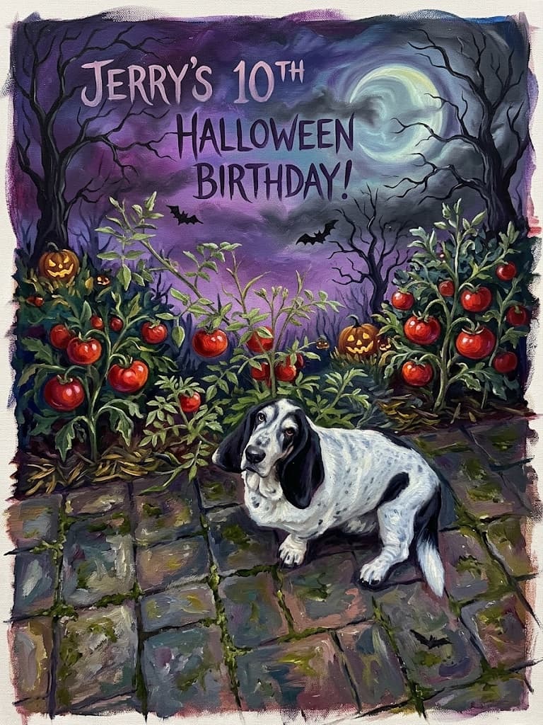 A painting of Jerry, a black and white basset hound, sitting on mossy stones among cherry tomato plants and jack-o-lanterns under a purple Halloween sky, titled Jerry's 10th Halloween Birthday